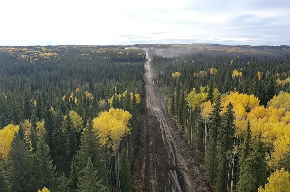Aerial view of a cleared right of way running to the horizon between stands of spruce and aspen