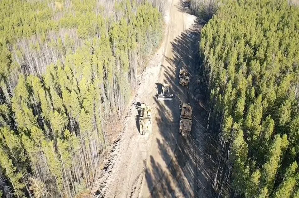 Aerial view of feller bunchers and skidders working a narrow cut line through young pine