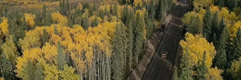 Aerial view of a dozer working a right of way bordered by yellow aspen